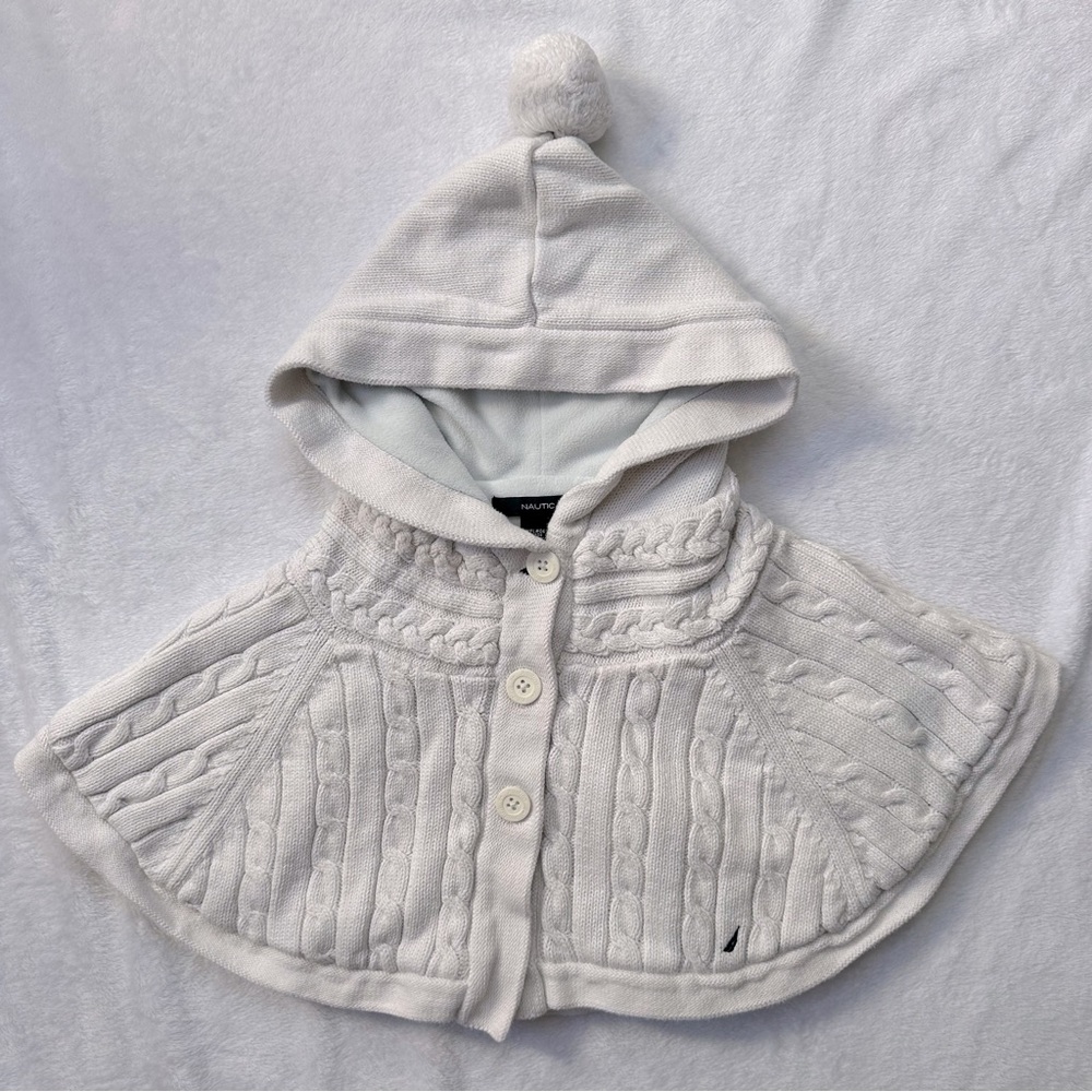 Nautica Cable Knit Hooded Fleece Lined Poncho Sweater Cape in White Size 2T